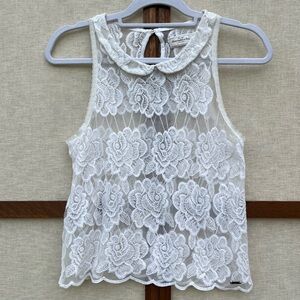Abercrombie & Fitch White Floral Lace Sheer Sleeveless Top Peter Pan Collar - M